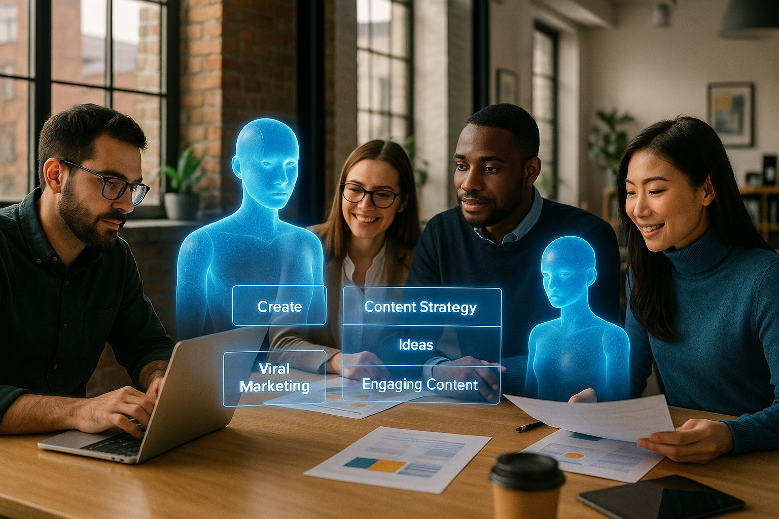 Professional marketing team collaborating with holographic AI avatars providing content suggestions and working together on creative campaigns