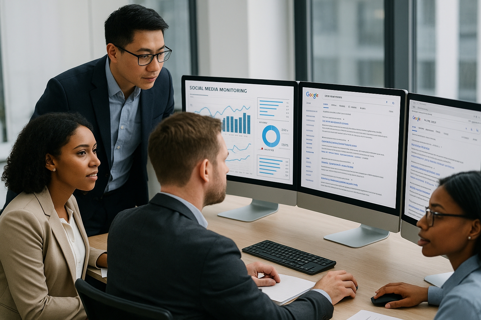 Équipe d'experts en e-réputation travaillant dans un bureau moderne