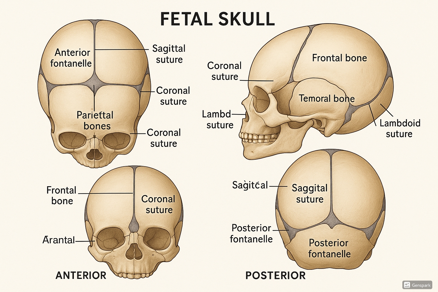 Fetal skull showing bones, sutures, and fontanelles from multiple angles with anatomical labels