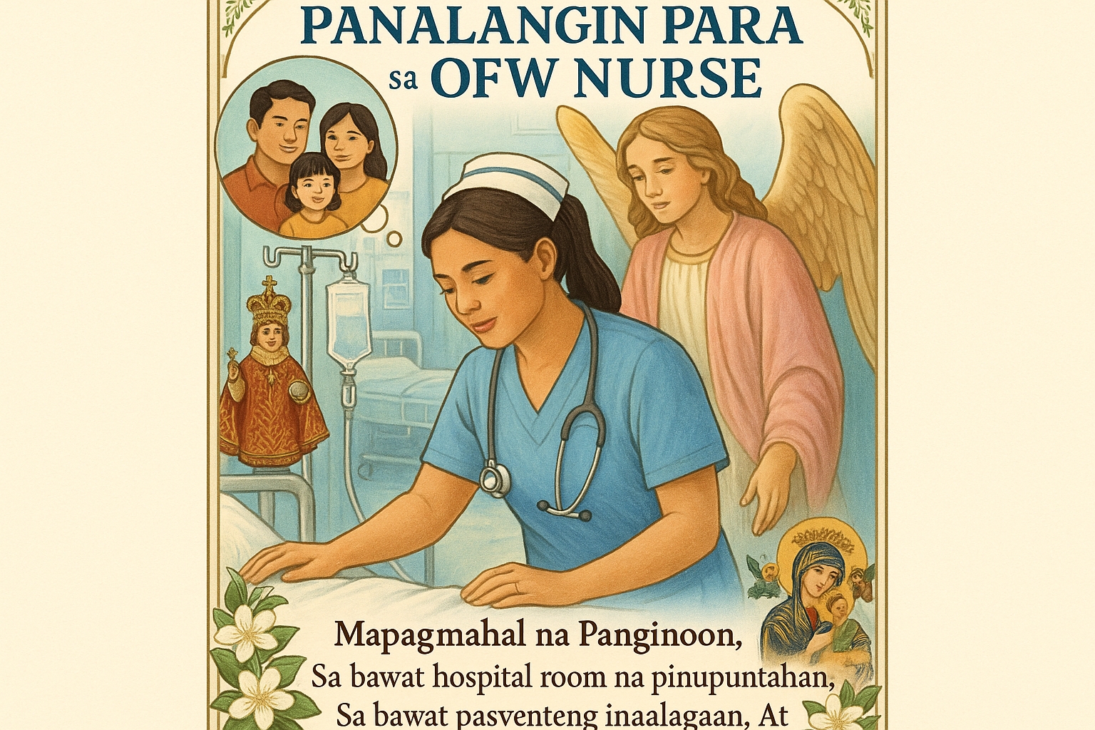 Filipino Catholic prayer card titled "Panalangin Para sa OFW Nurse" showing a Filipino nurse in a foreign hospital with family photo