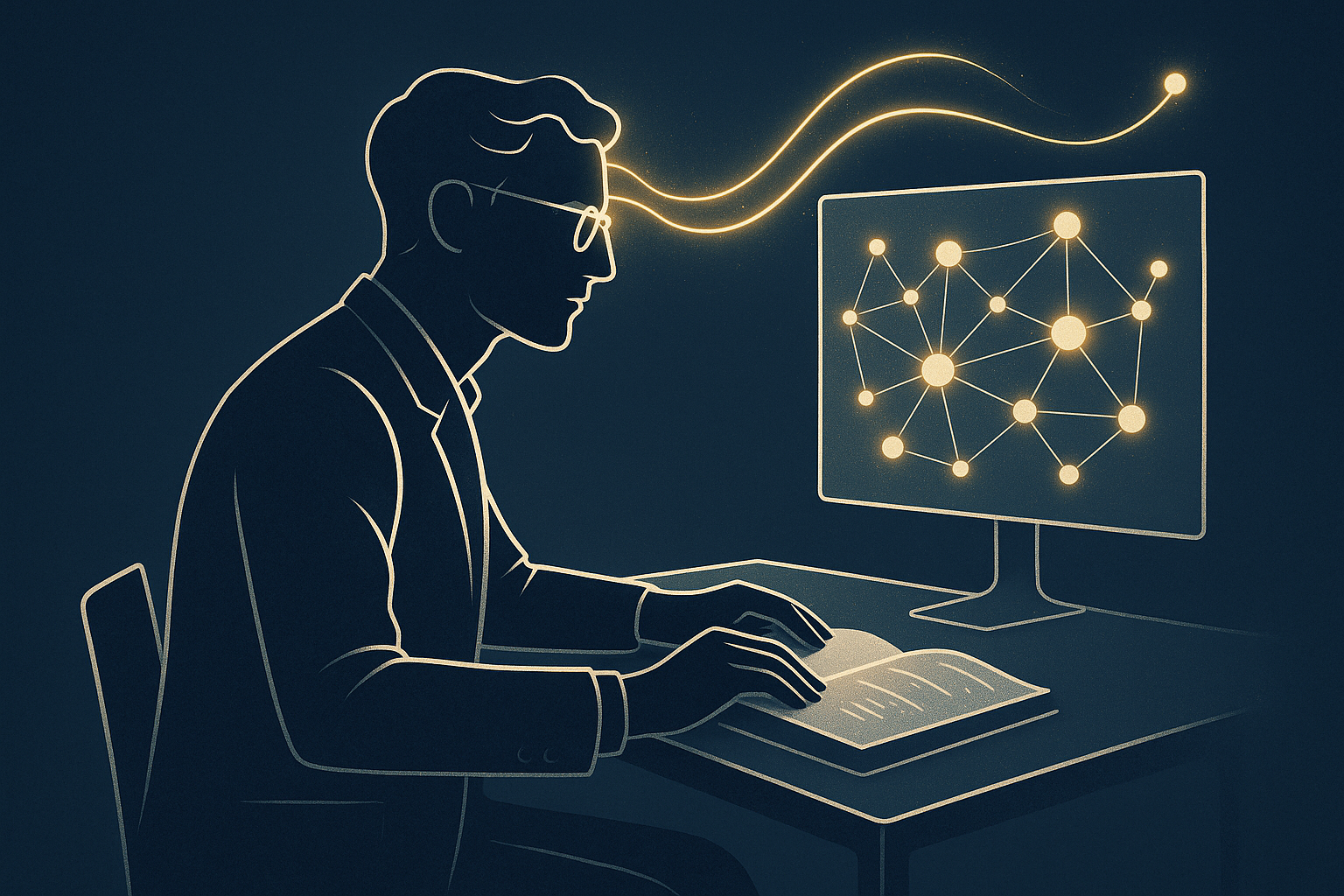 An illustrated silhouette of a scholar wearing glasses sits at a desk, reviewing an open book while typing on a keyboard. A glowing golden line extends from their head to a computer screen displaying a network of interconnected nodes, symbolizing AI-driven analysis and the integration of artificial intelligence in academic research. The scene is set against a dark blue background, emphasizing focus and innovation in literature review processes.