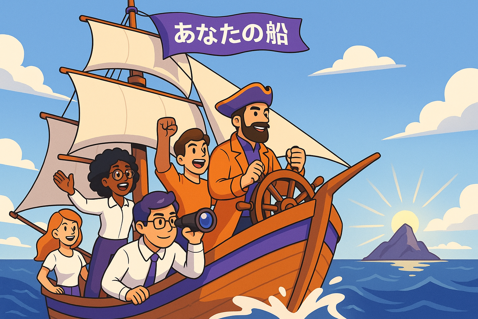 同じ目的地に向かう仲間を集める船のイラスト