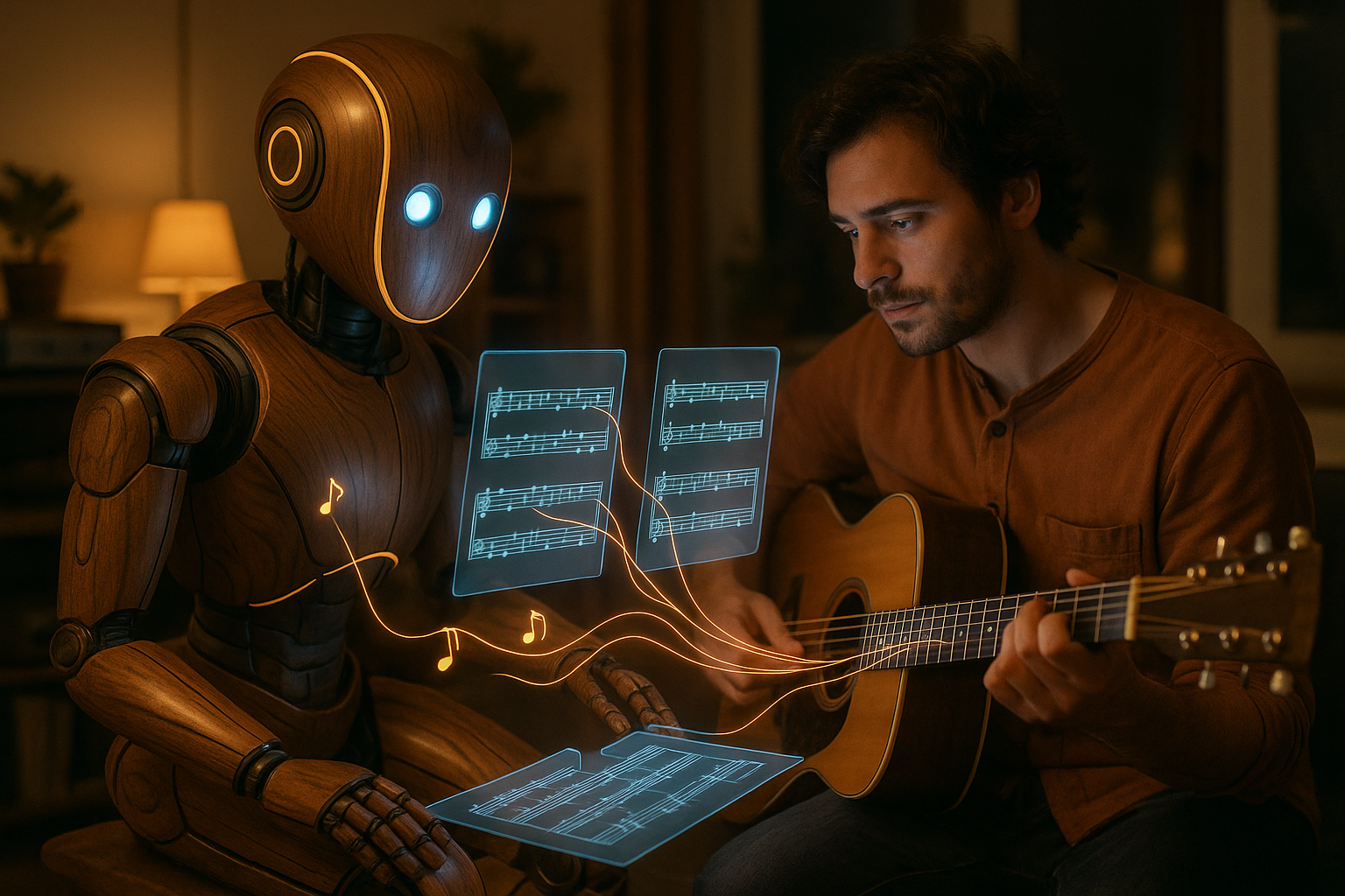 Intimate scene of AI robot with wood-grain finish collaborating with human guitarist in cozy home studio with holographic sheet music and glowing musical threads connecting them
