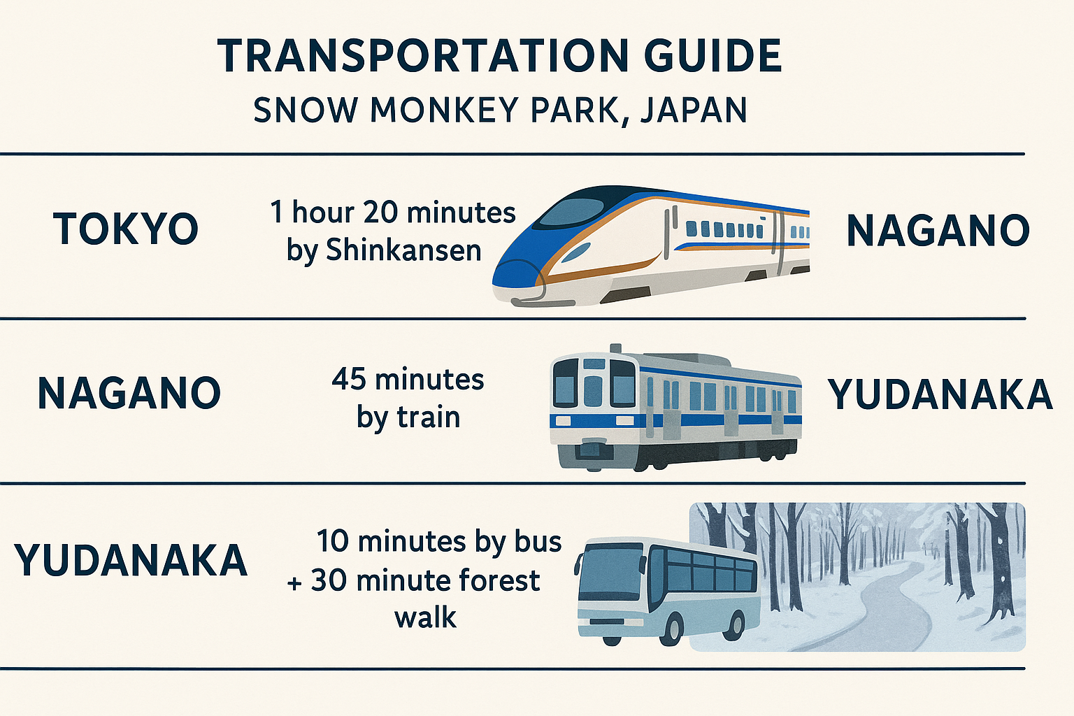 Transportation guide showing correct route and timing to Snow Monkey Park
