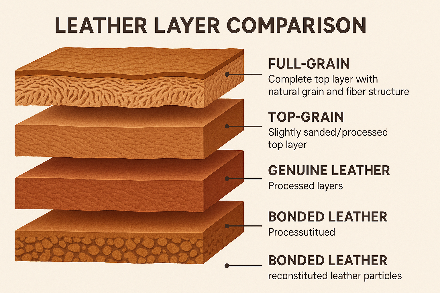 Leather layer comparison diagram showing different grades