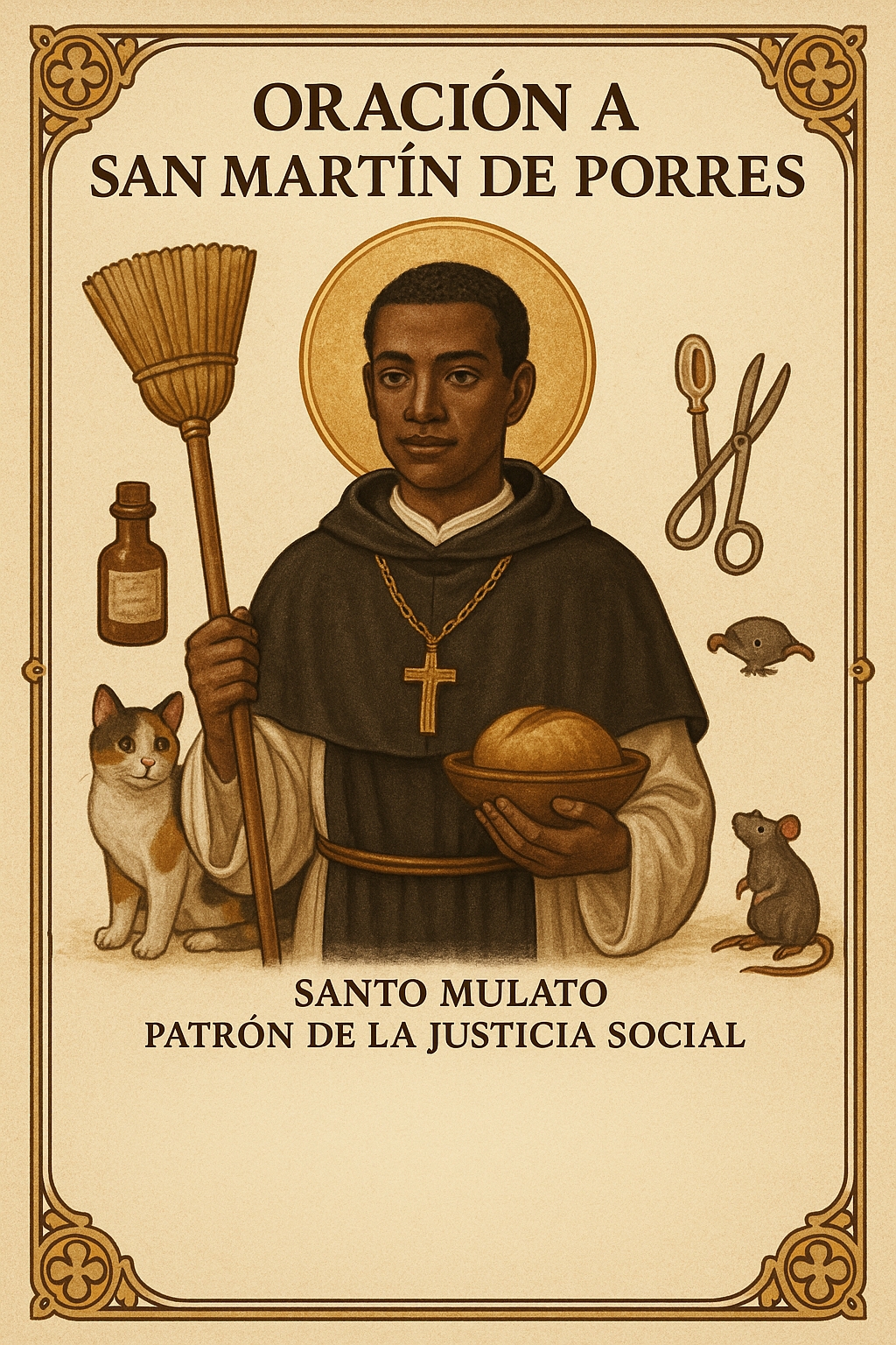 Oración poderosa a San Martín de Porres en español - Tarjeta de oración católica con imagen del santo mulato dominico con símbolos de humildad, sanación y cuidado de los pobres y animales para intercesión de justicia social