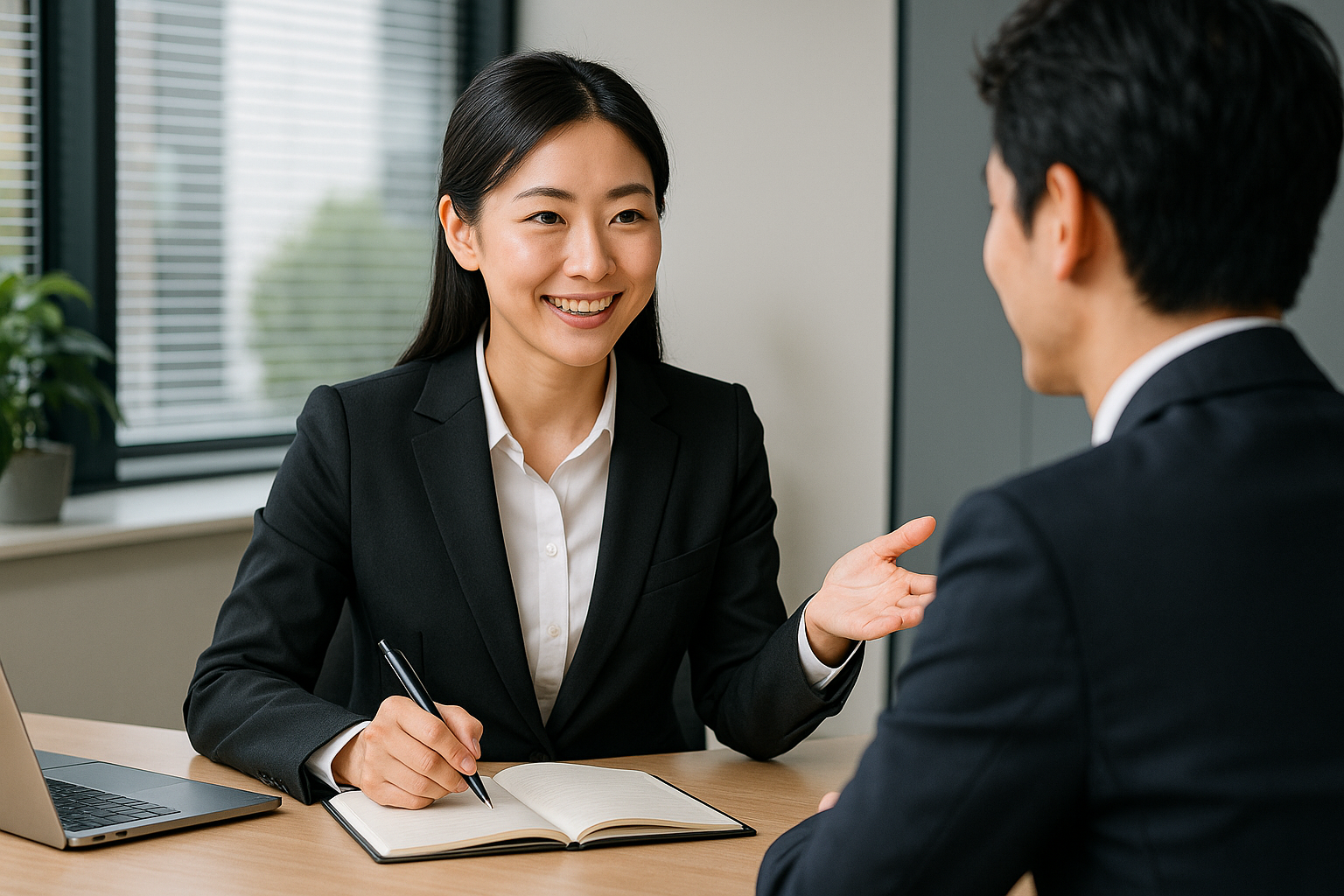 対面で営業する日本人ビジネスウーマン