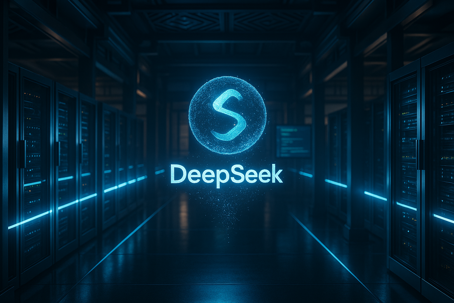 Sala server futuristica DeepSeek con tecnologia AI avanzata