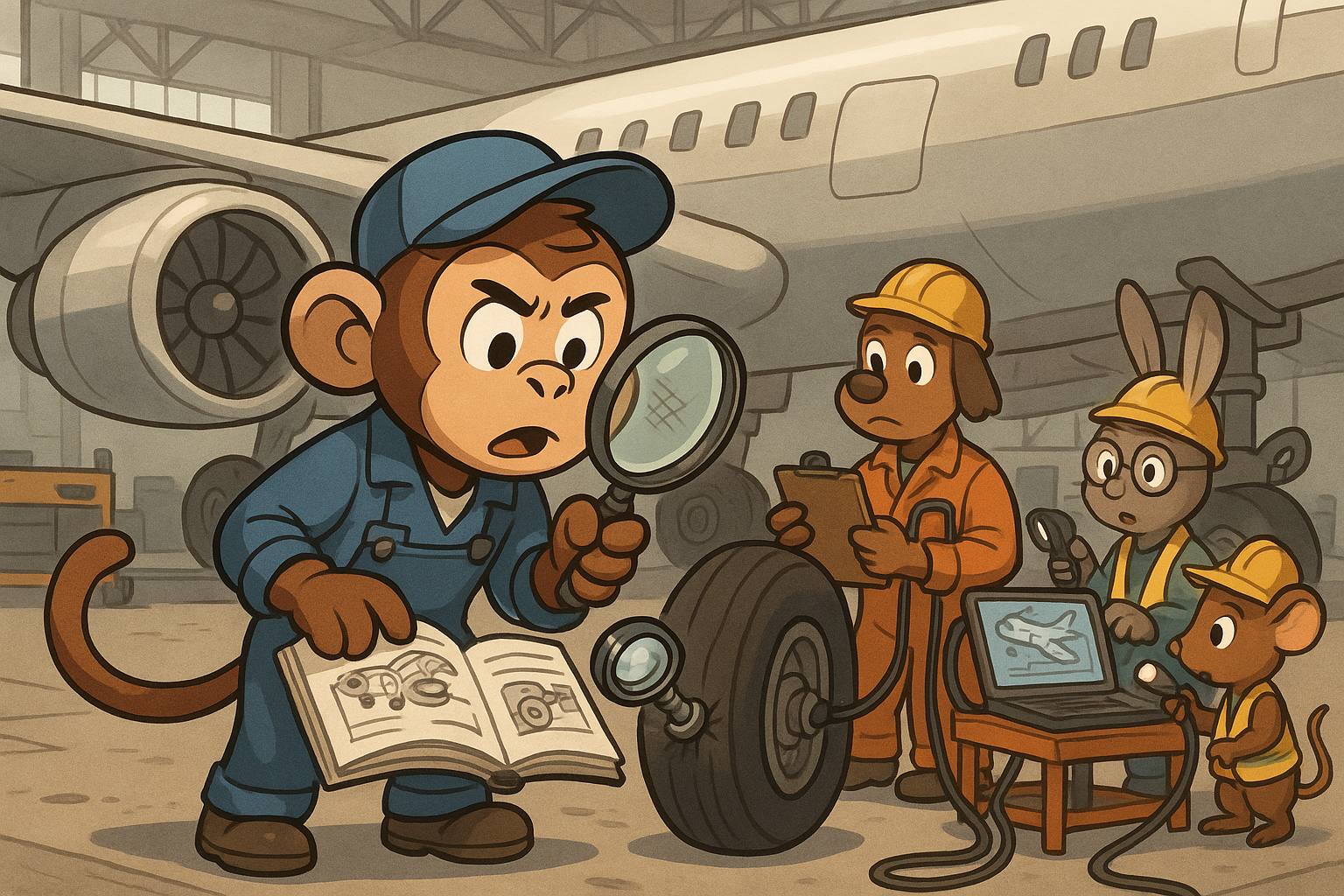 Aircraft maintenance technician investigating mechanical issues with diagnostic tools