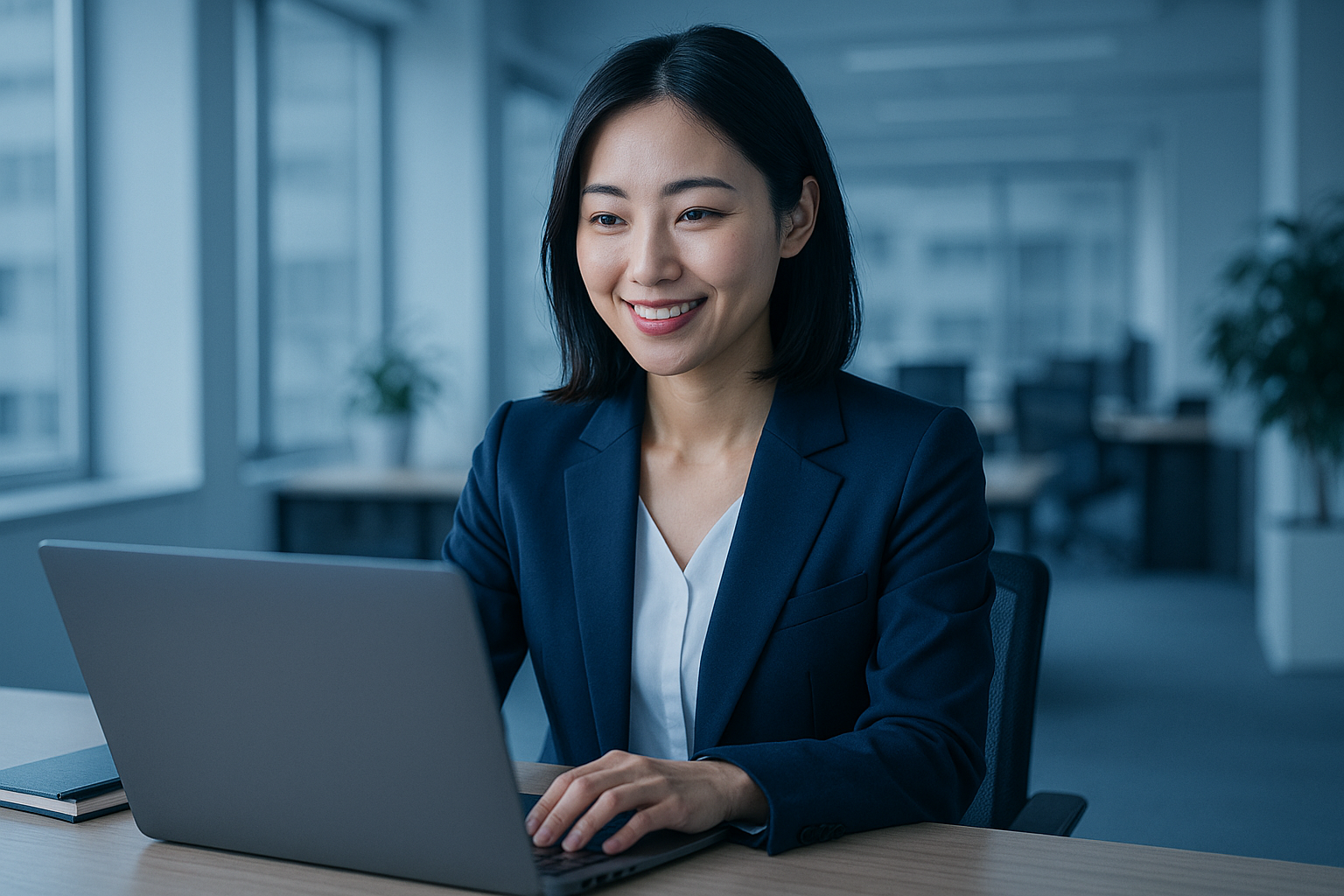 PCで作業する笑顔のビジネスウーマン