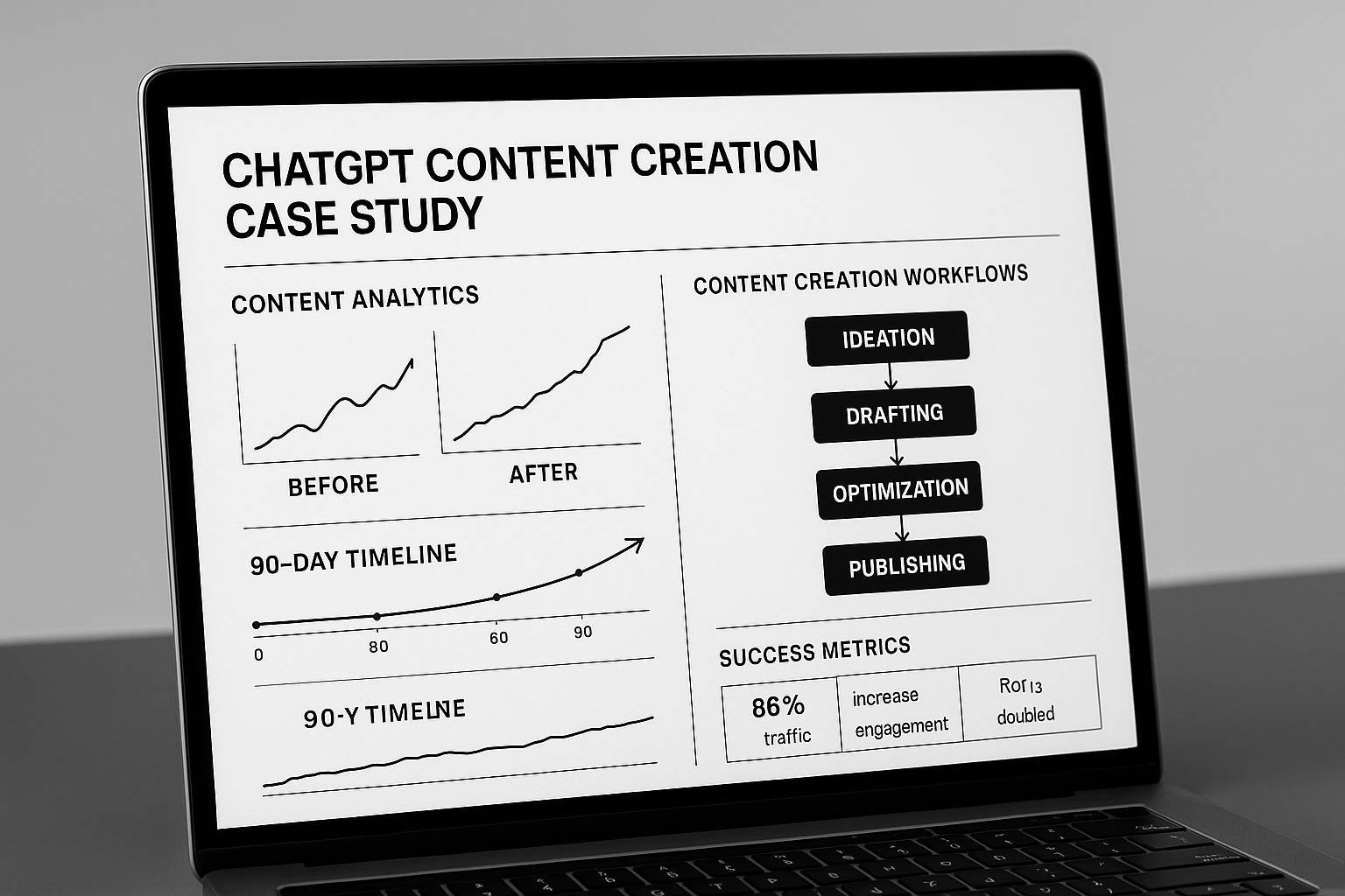 ChatGPT prompting for content creation - professional case study workspace with analytics dashboard and content strategy materials