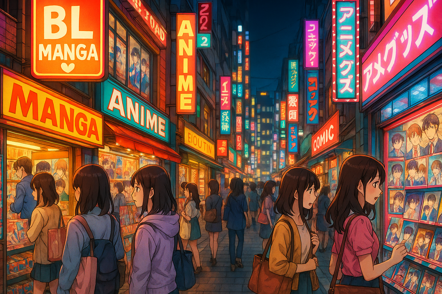 Otome Road street with colorful anime and BL manga shop signs and female anime fans shopping