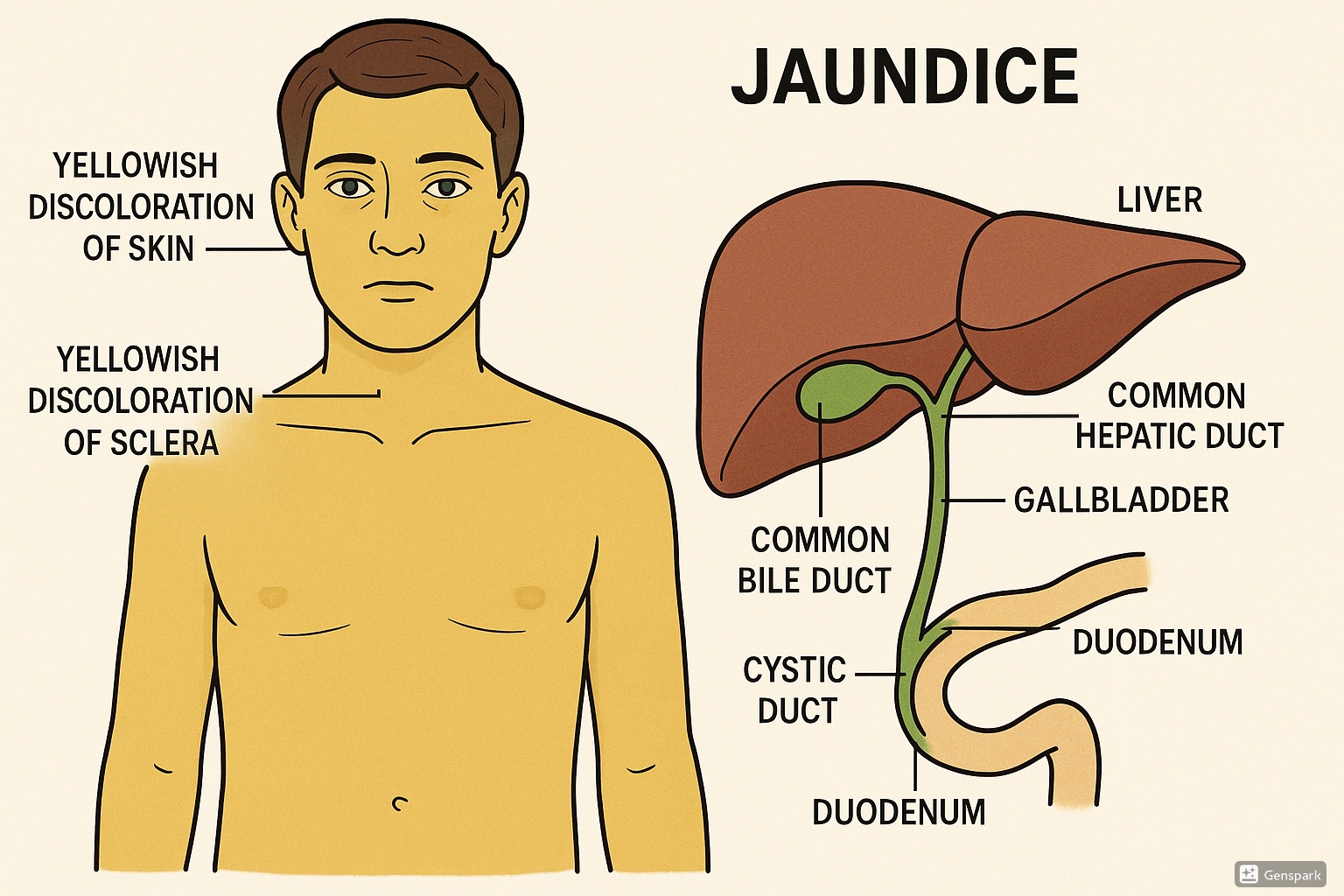 Jaundice medical illustration showing yellowish discoloration of skin and sclera, with liver and biliary tract anatomy