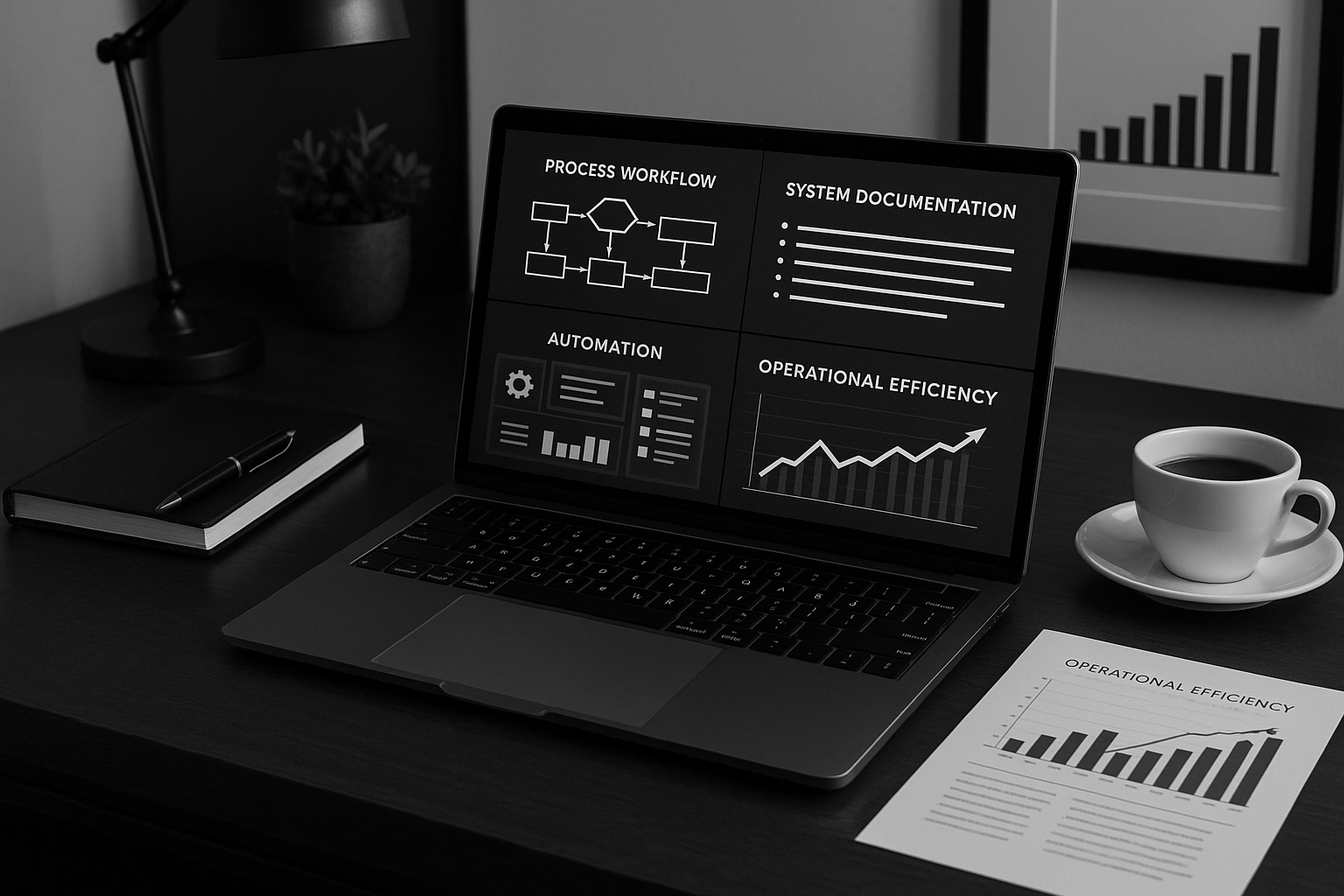 Business process documentation - sophisticated workspace with process workflows, system documentation, and operational efficiency tools for systematic business scaling