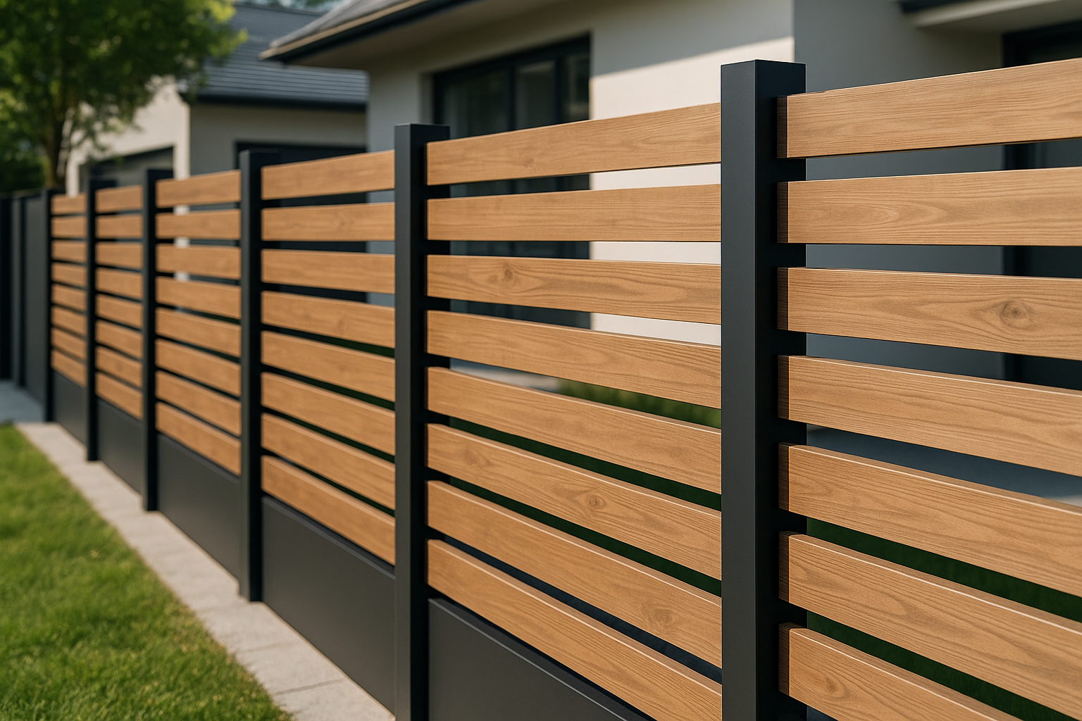 Modern minimális kerítés design sötét fém oszlopokkal és vízszintes fa elemekkel