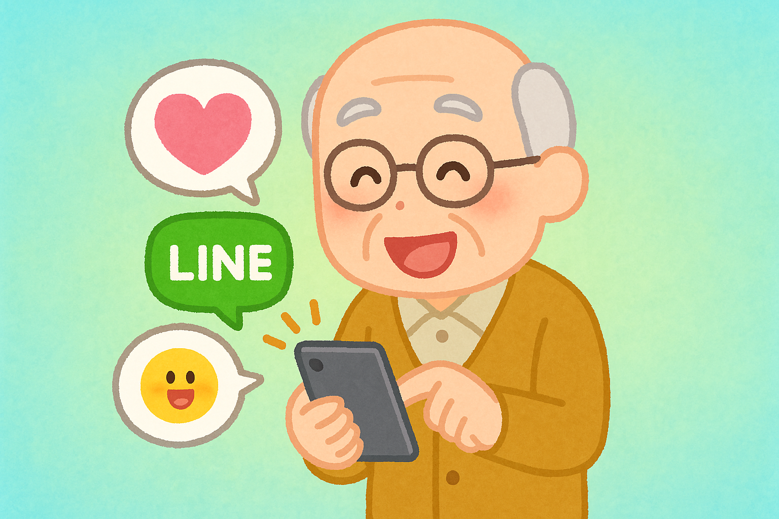 おじいちゃんがスマートフォンでLINEを使って楽しそうにコミュニケーションを取っている様子