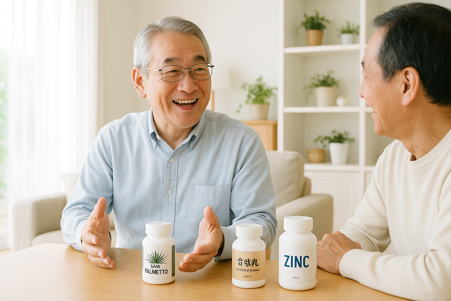 友人と情報共有する64歳男性