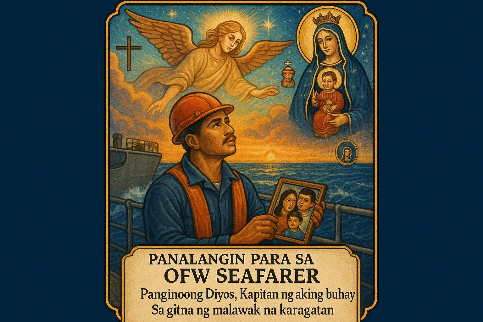 Filipino Catholic prayer card titled "Panalangin Para sa OFW Seafarer" featuring a sailor on a ship with thoughts of family in the Philippines