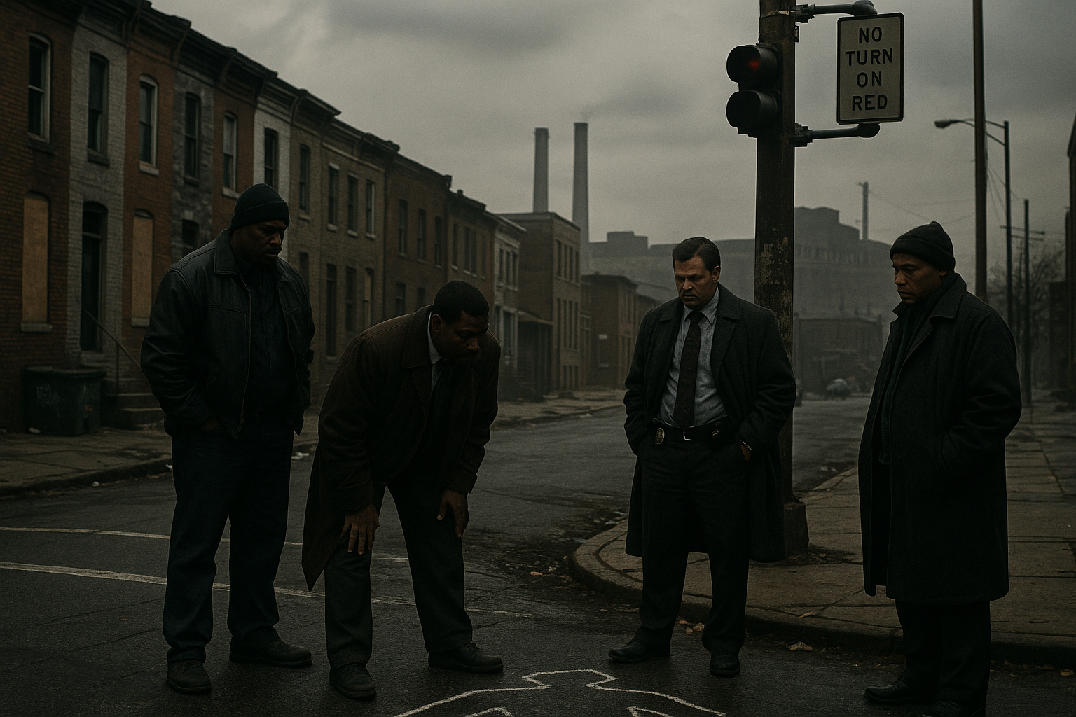 Городская сцена в стиле сериала Прослушка с атмосферой социальной драмы