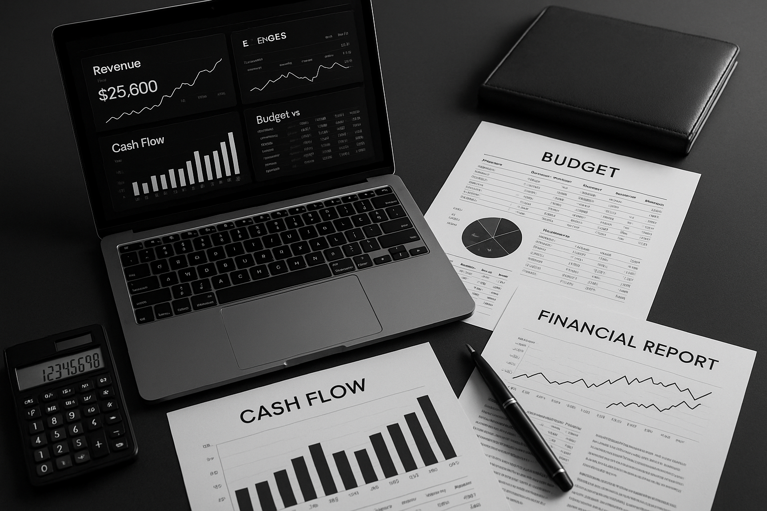 ROI calculator business financial management - sophisticated workspace with laptop showing financial dashboard and performance metrics