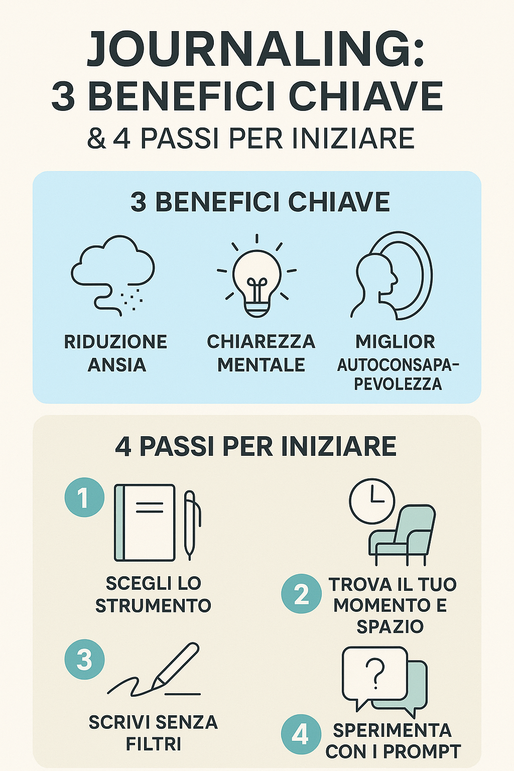 Infografica Journaling: 3 Benefici Chiave e 4 Passi per Iniziare