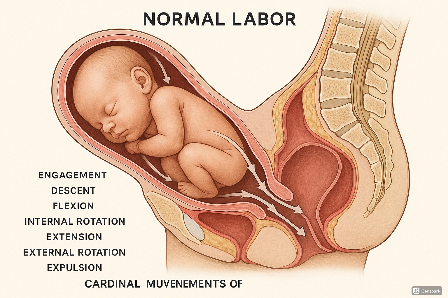 Cardinal Movements of Labor showing engagement, descent, flexion, internal rotation, extension, external rotation, and expulsion of fetal head through maternal pelvis