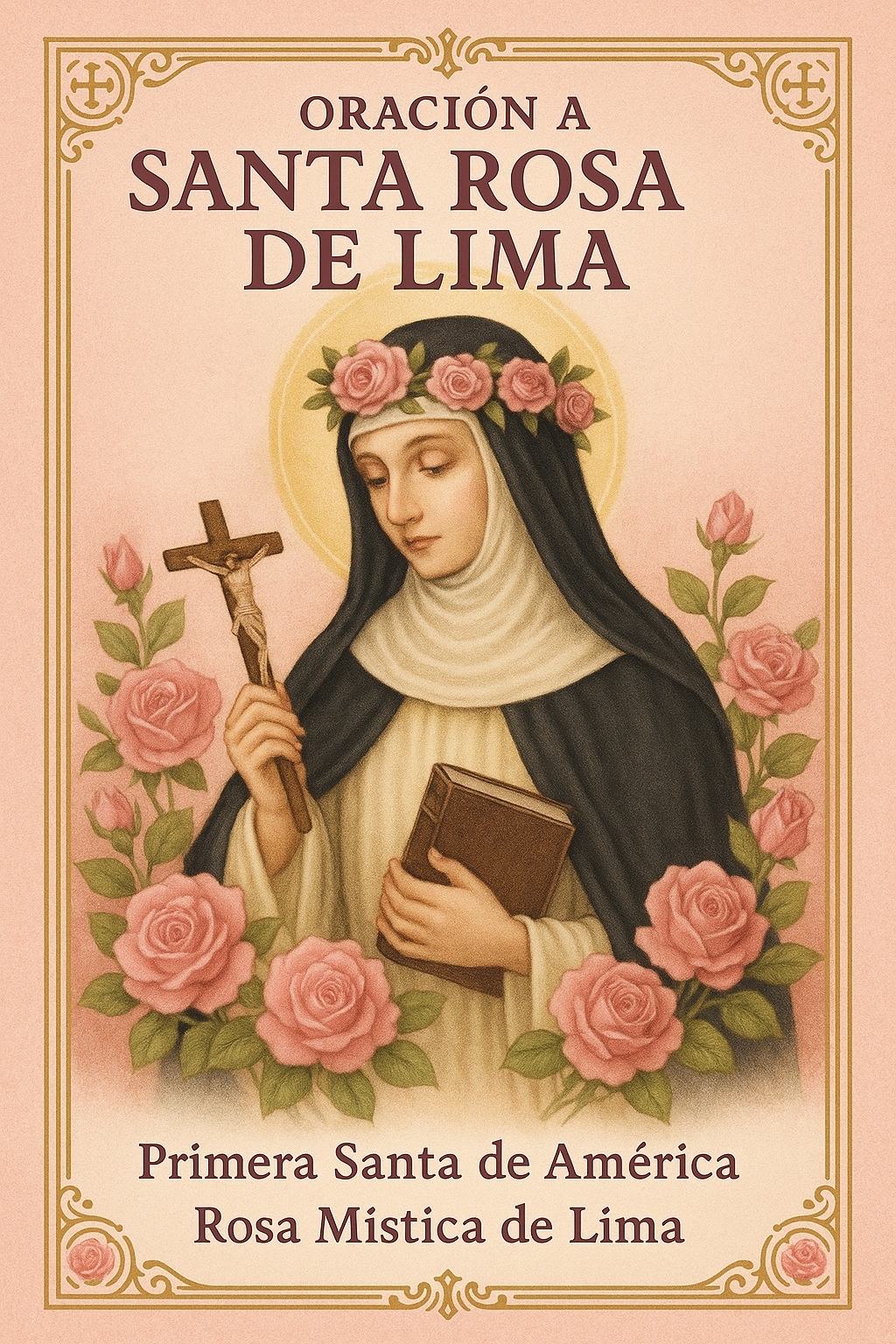 Oración a Santa Rosa de Lima en español - Tarjeta de oración católica con imagen de Santa Rosa de Lima, primera santa de América, rodeada de rosas místicas y símbolos dominicos para devoción femenina católica