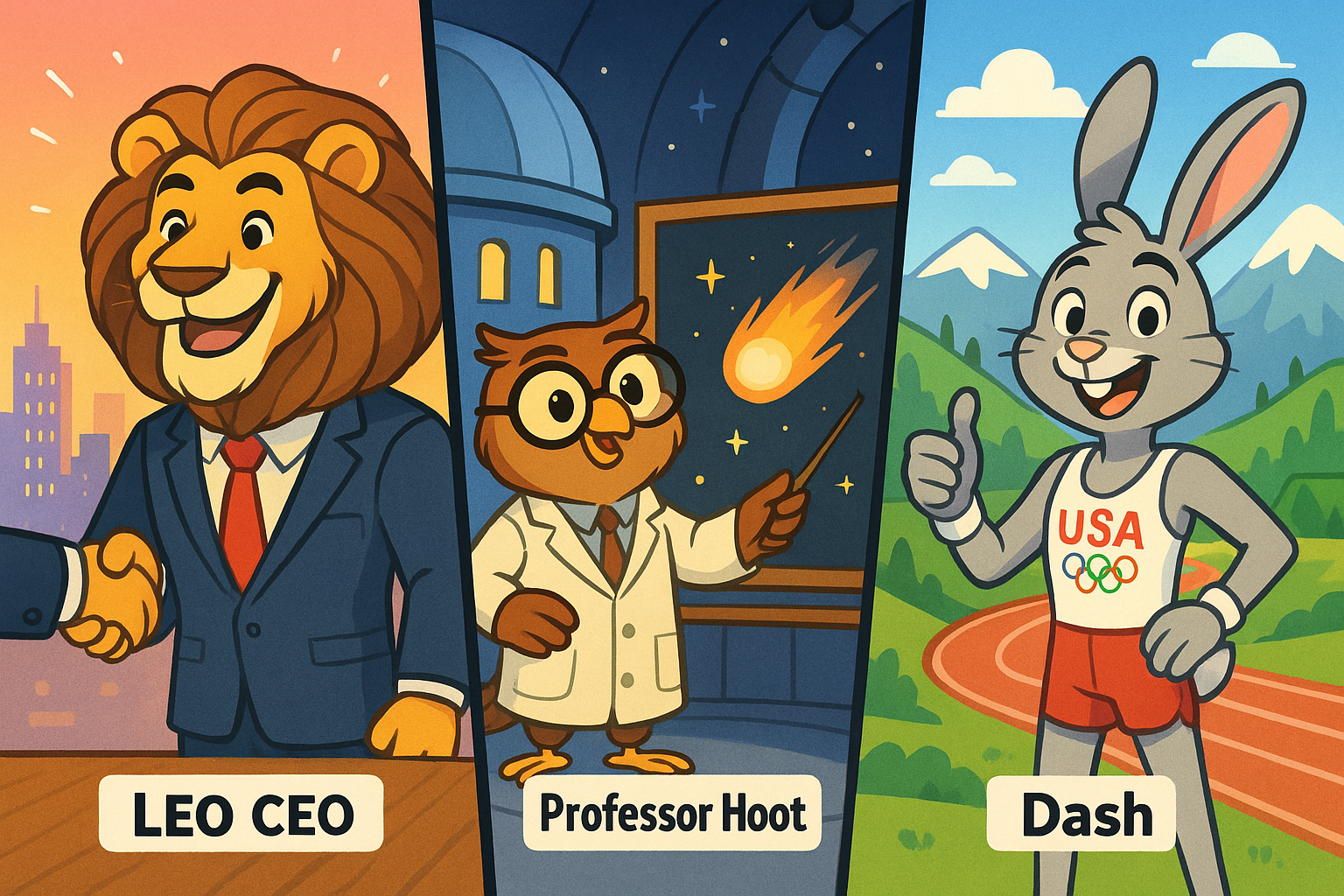Three successful arrivals showing Leo at business meeting, Professor Hoot at observatory, and Dash at Olympic training