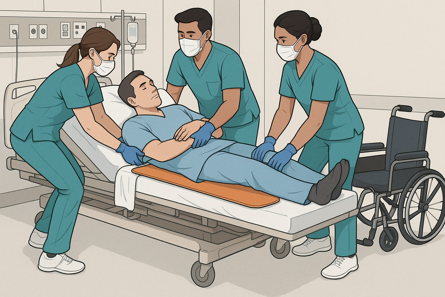 Professional healthcare illustration showing nurses safely transferring patients