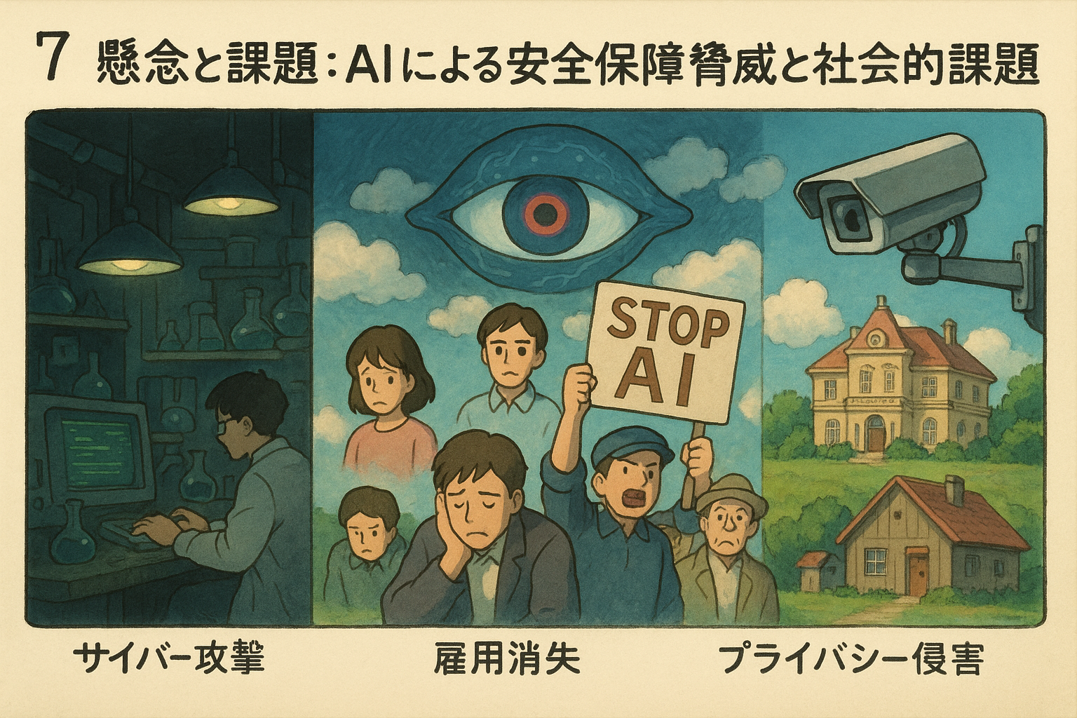 スライド7: 懸念と課題: AIによる安全保障脅威と社会的課題