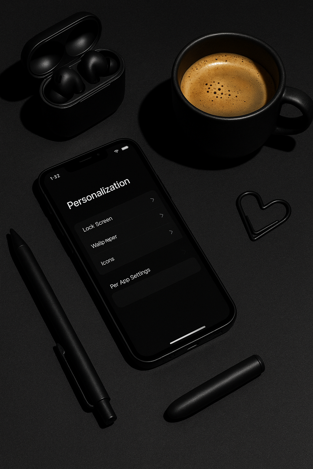Personalize onboarding automation - hyperrealistic black composition with smartphone displaying personalization settings, representing sophisticated automation that maintains human connection