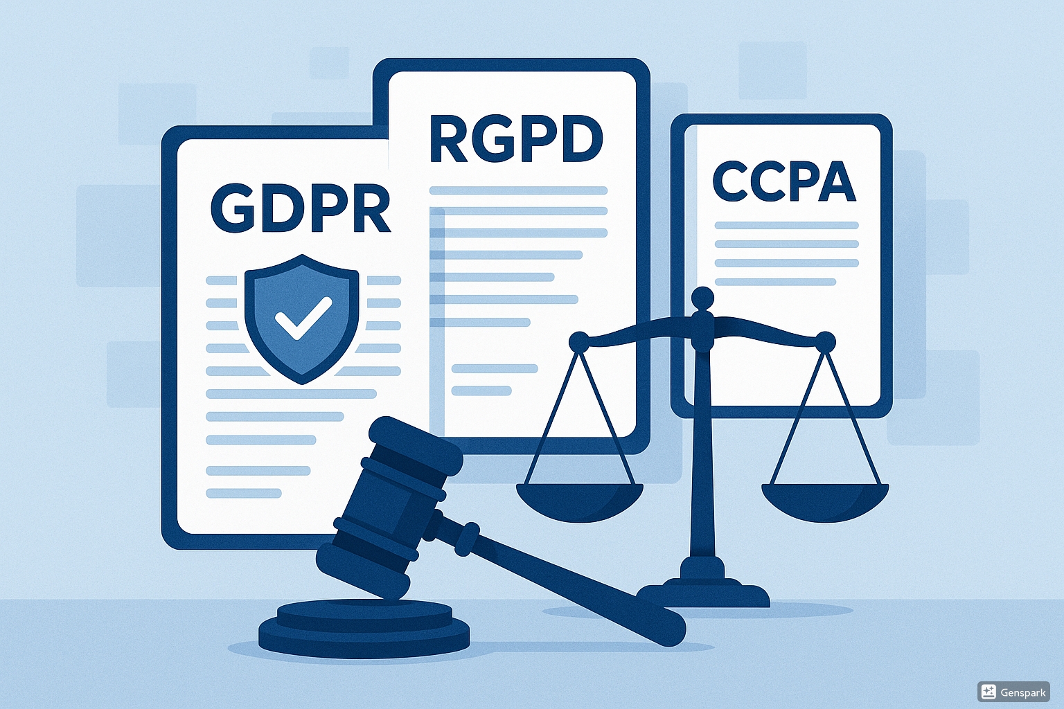 Legislación digital con símbolos de GDPR, RGPD y CCPA