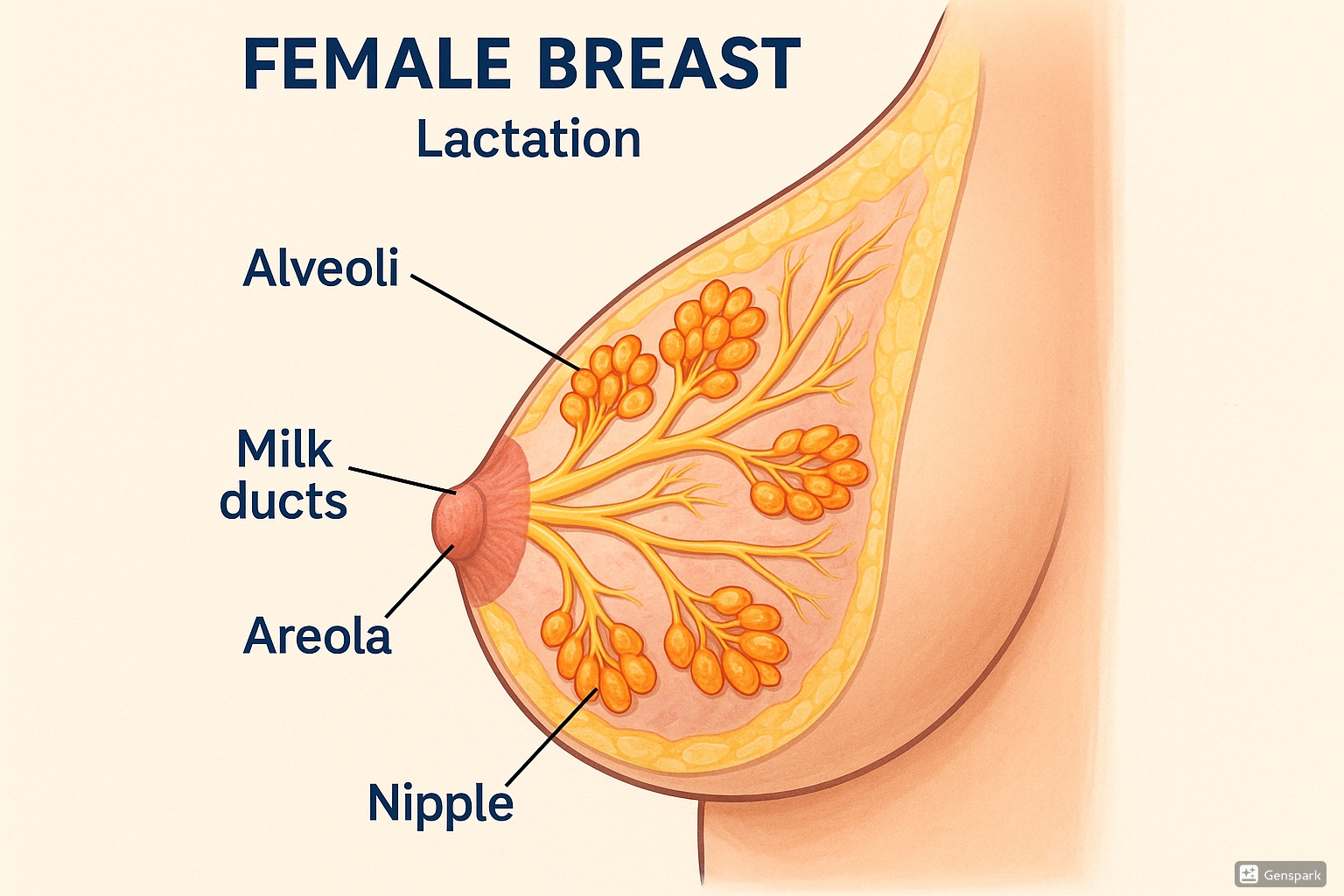 Anatomical diagram of the female breast showing lactation structures
