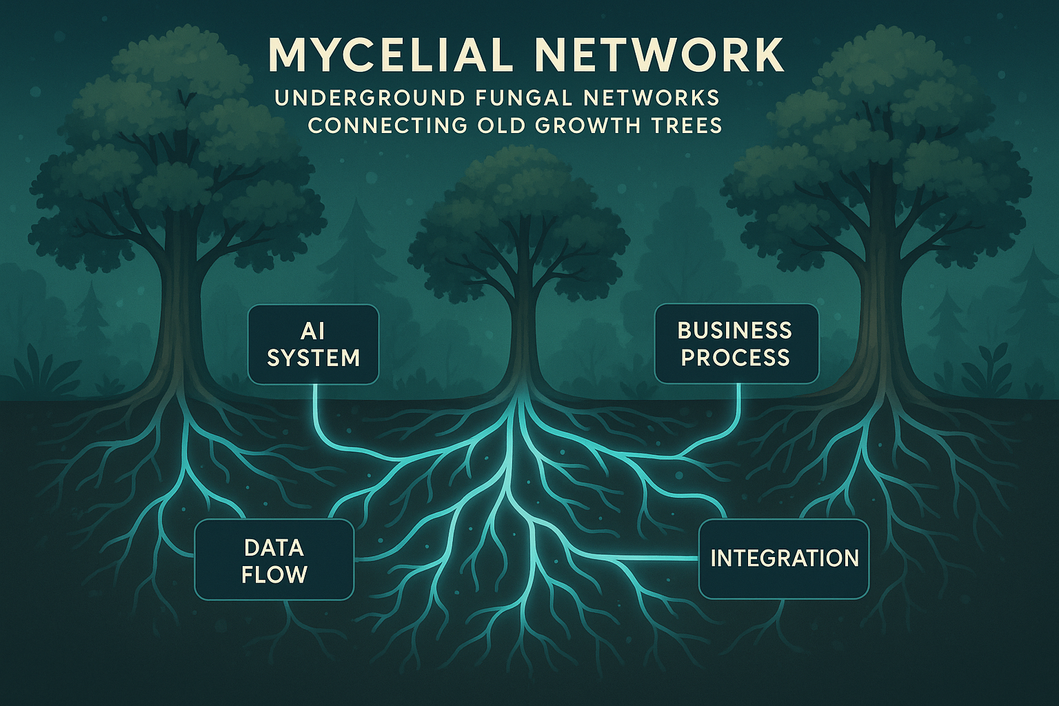 Infographic showing underground fungal networks connecting trees with glowing AI integration pathways