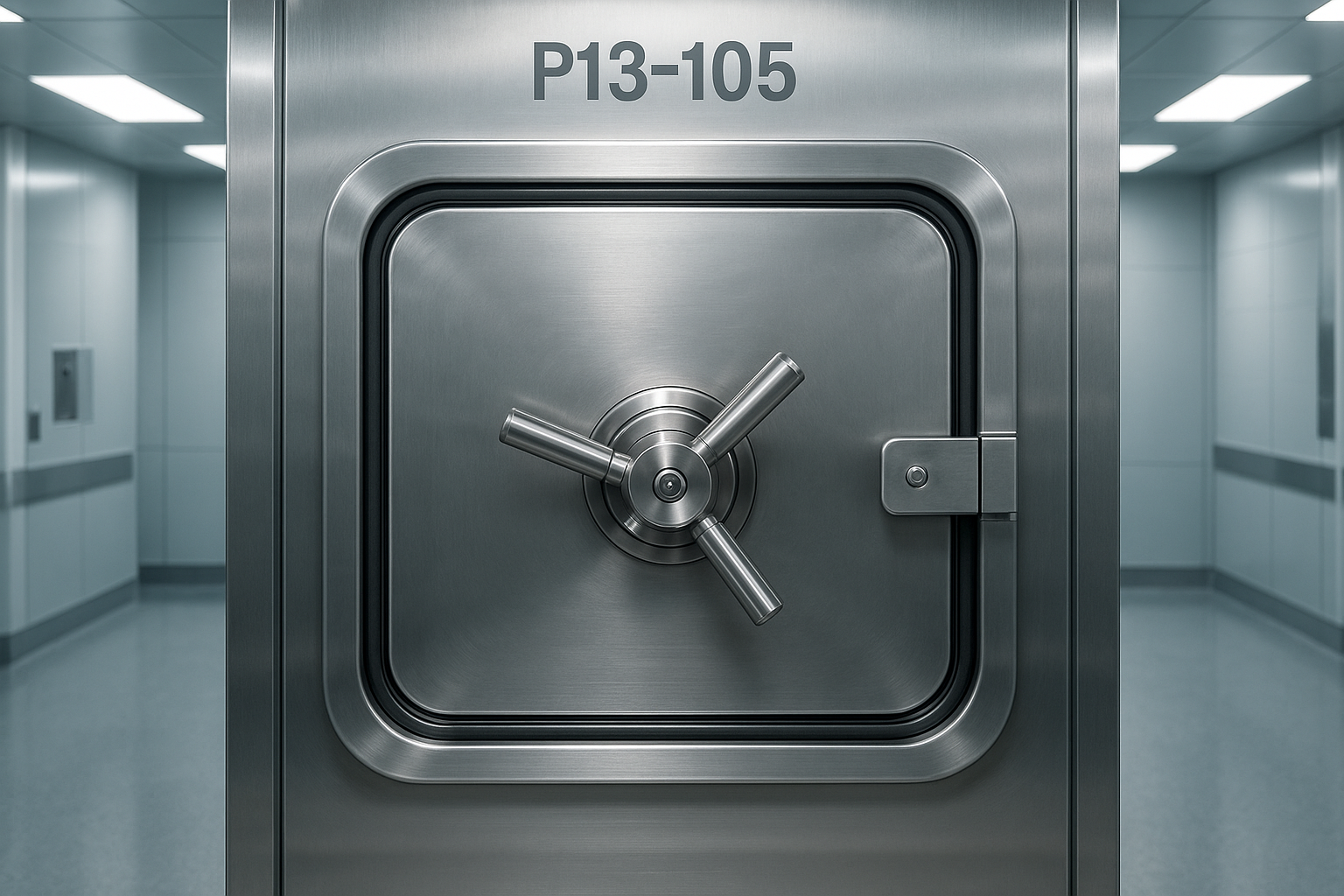 PORTE D'AUTOCLAVE RECTANGULAIRE P13-105, VUE FRONTALE, DESIGN INDUSTRIEL MODERNE EN ACIER INOXYDABLE, JOINT D'ÉTANCHÉITÉ VISIBLE, POIGNÉE DE VERROUILLAGE ROBUSTE, DIMENSIONS RECTANGULAIRES, ENVIRONNEMENT MÉDICAL PROFESSIONNEL, ÉCLAIRAGE INDUSTRIEL