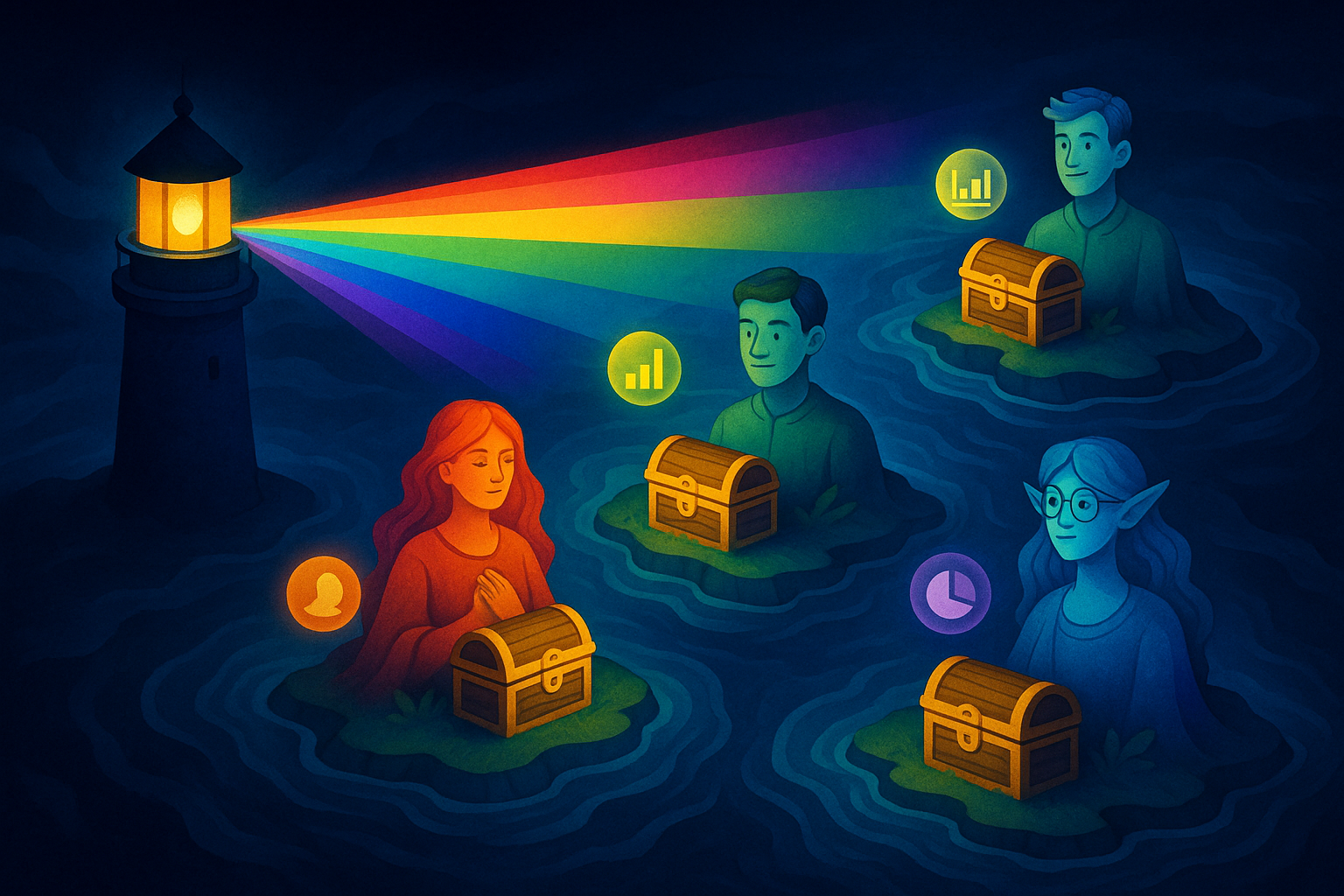 Prismatic lighthouse beam revealing hidden treasure islands of market opportunities through digital ocean mists and competitive waters