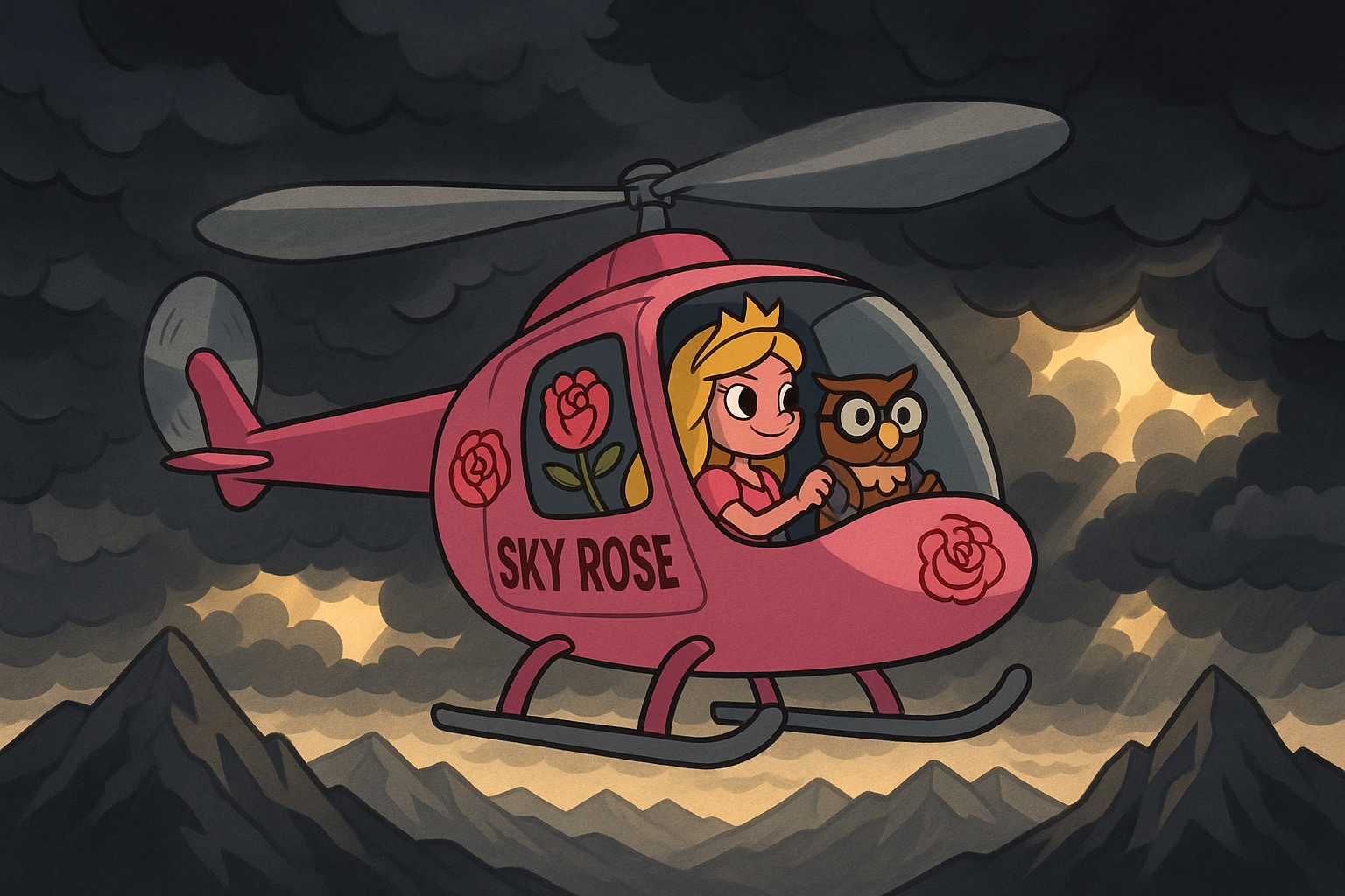 Sky Rose flying through storm clouds