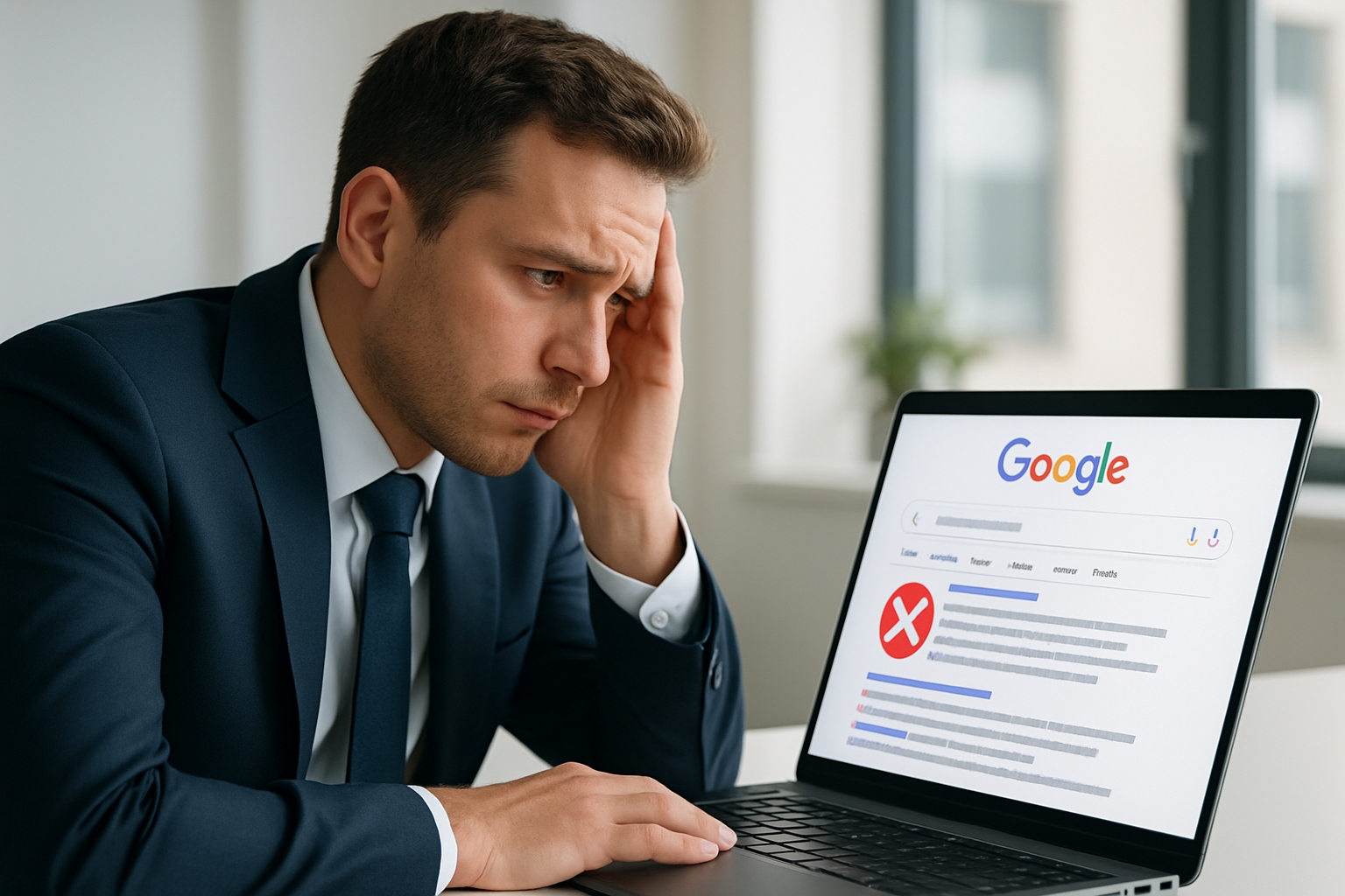 Un homme d'affaires inquiet regardant un écran d'ordinateur montrant des résultats de recherche Google négatifs