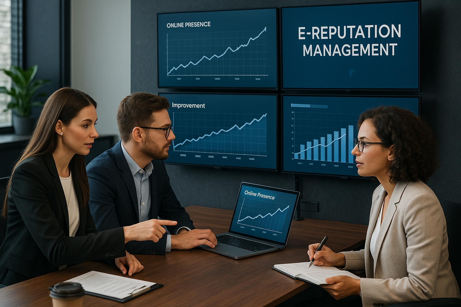 Experts en e-réputation analysant des données sur plusieurs écrans