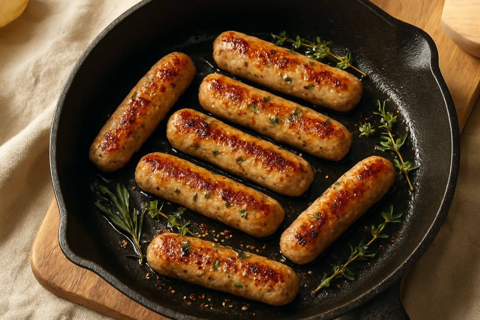 Breakfast sausages cooking in cast iron pan with herbs