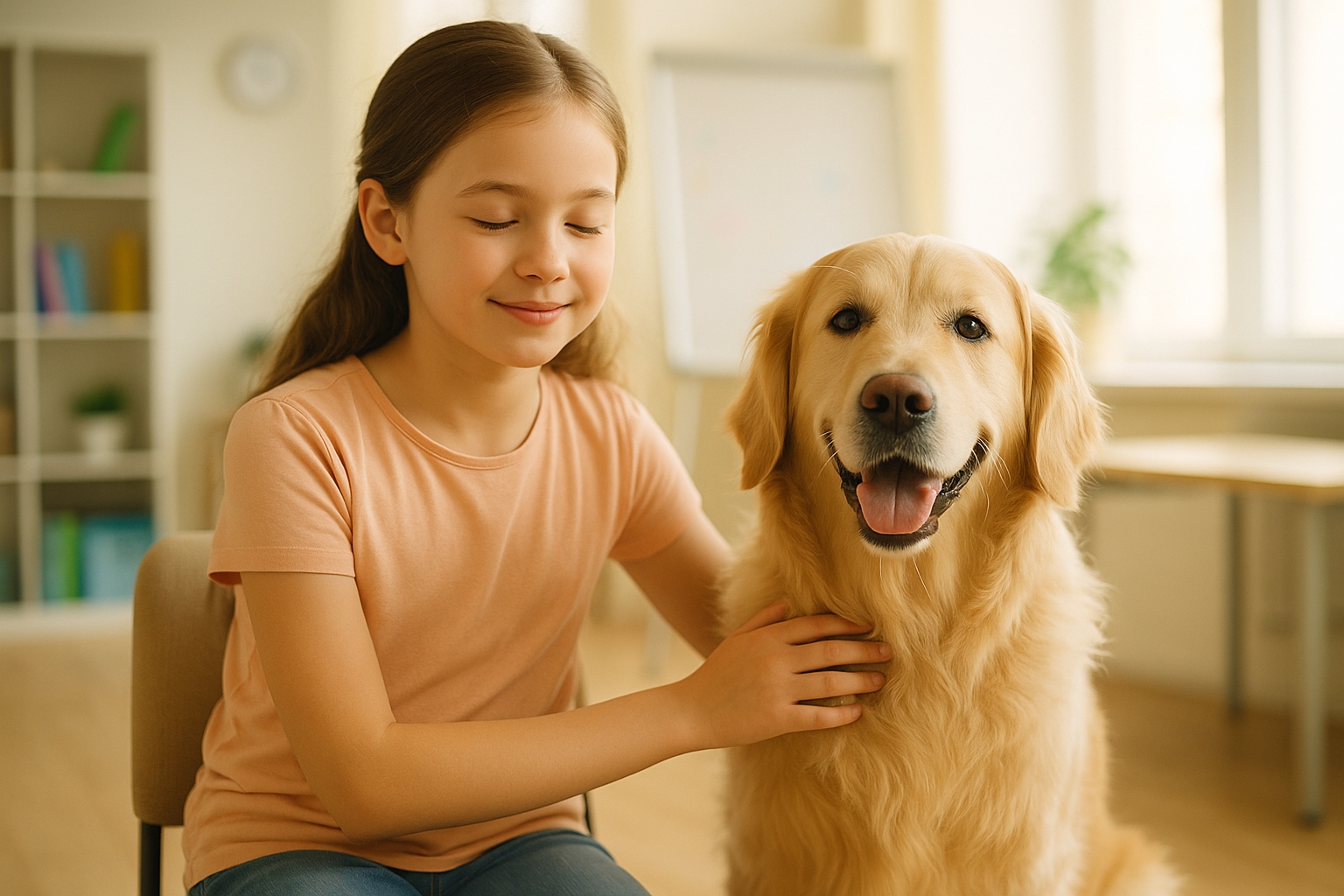 Young girl connecting with therapy dog