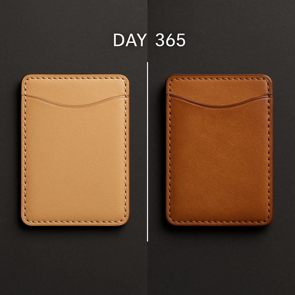 Leather aging comparison showing patina development
