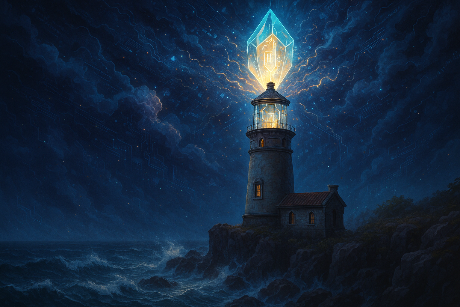 Mystical illustration of ancient Oregon Coast lighthouse with AI-powered crystal beacon piercing through digital storm clouds