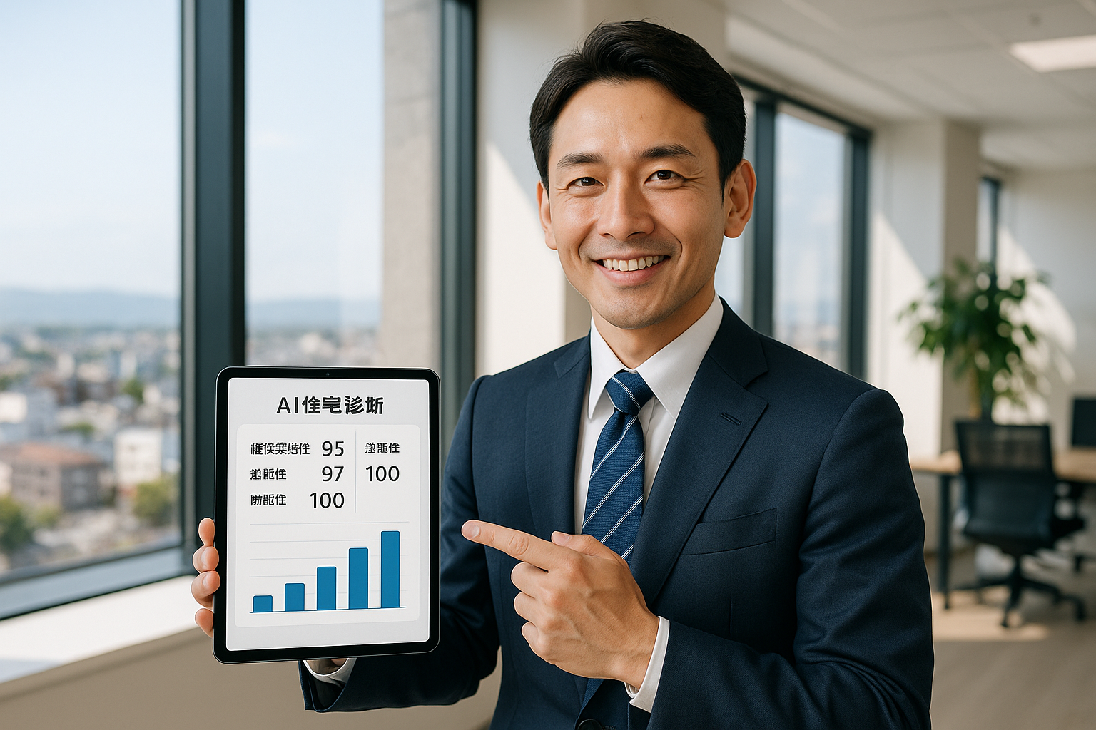 AI診断サービスを説明する専門スタッフがタブレットでデータを示している様子