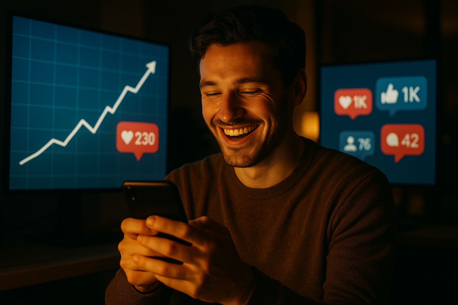 Content creator di successo che celebra metriche di engagement crescenti