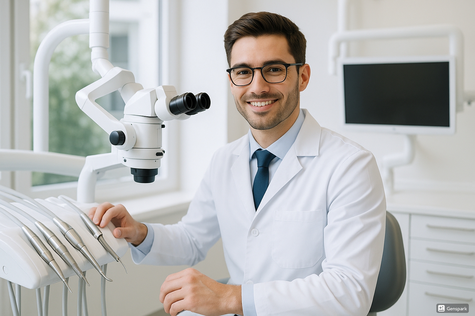 Odontólogo satisfecho con equipo dental