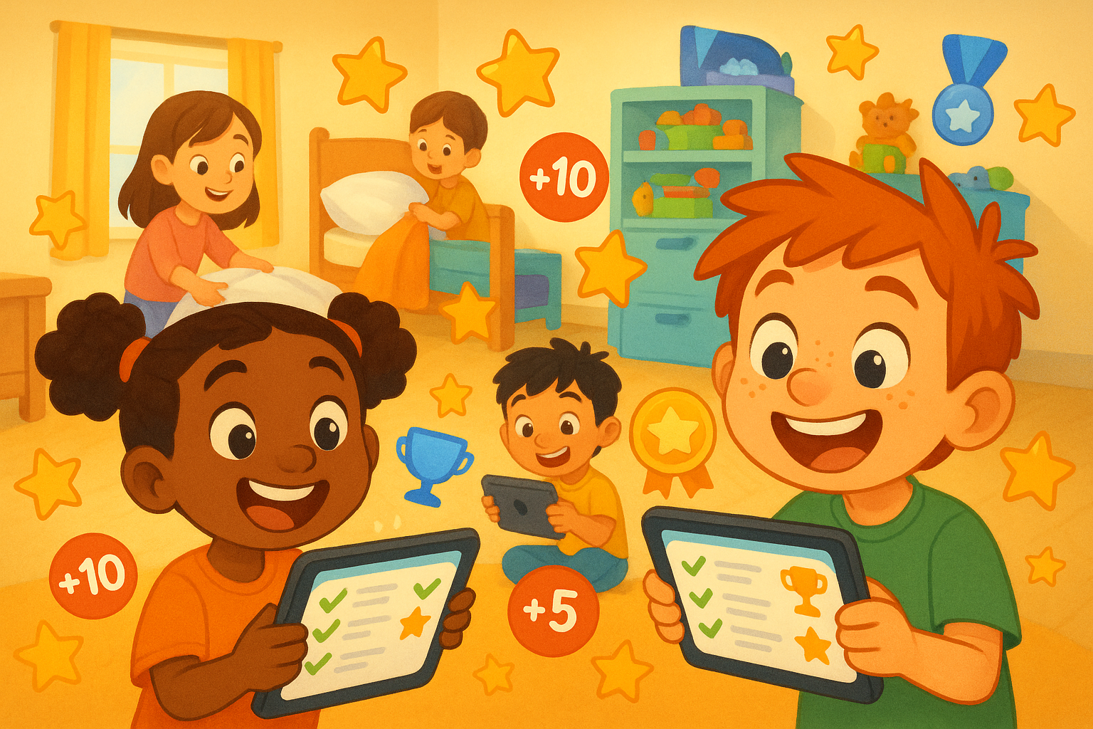 Children using gamified chore apps with excitement and digital rewards