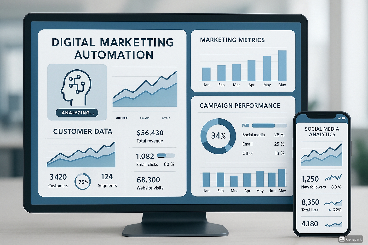 Digital marketing automation dashboard with AI analytics