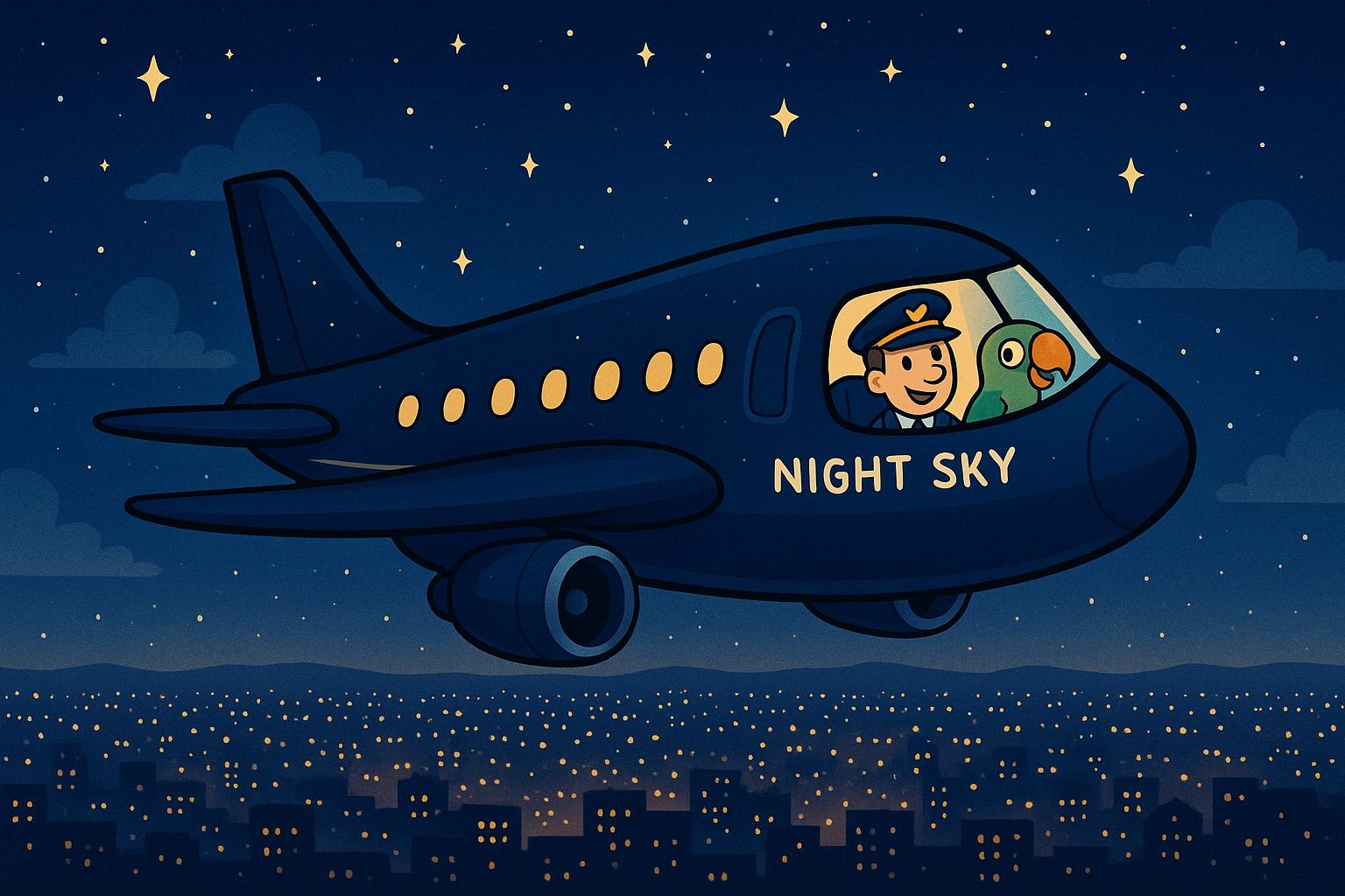 Night Sky jet flying through starry night