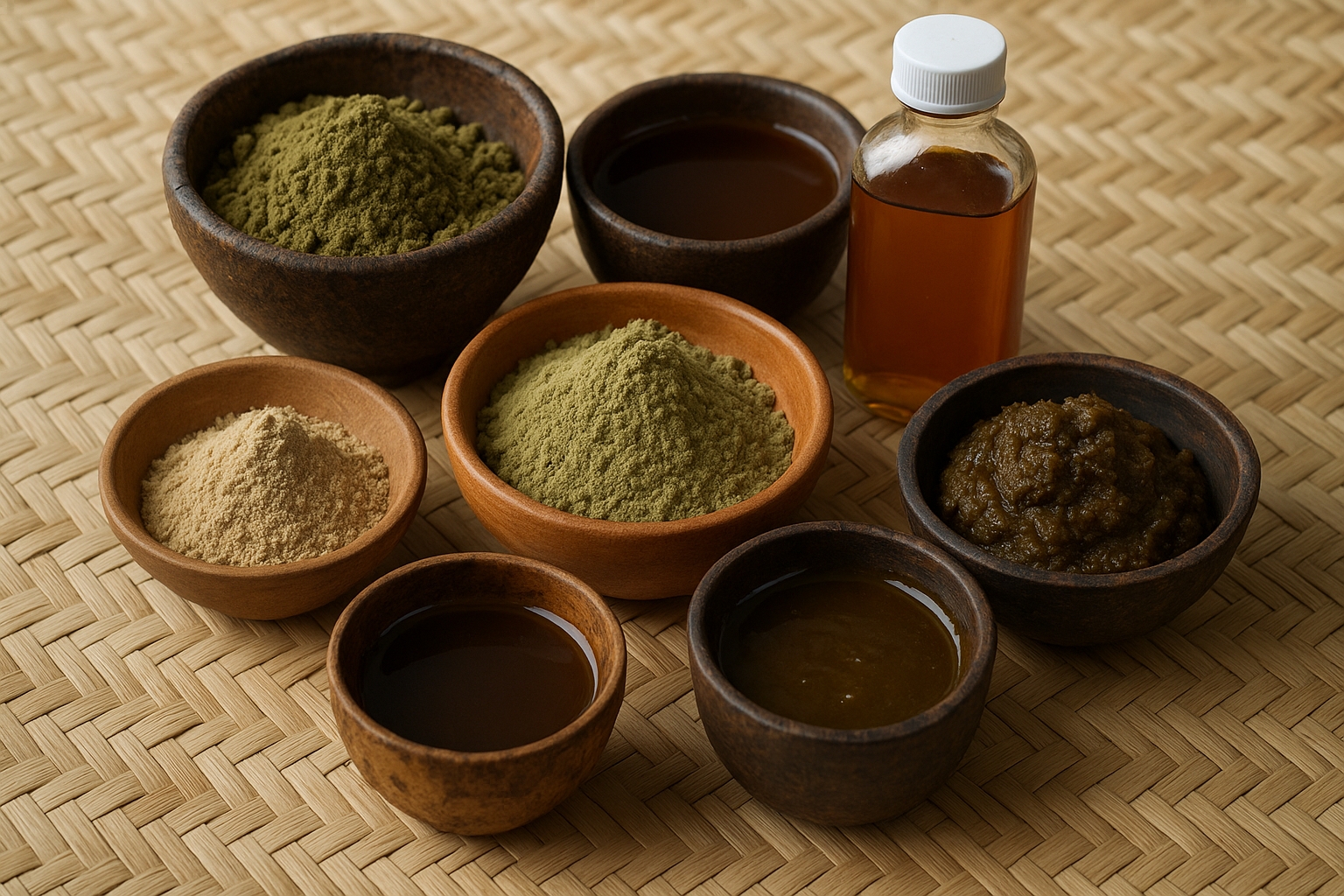 Yoruba Herbal Medicine | Various prepared Yoruba herbal remedies in traditional containers